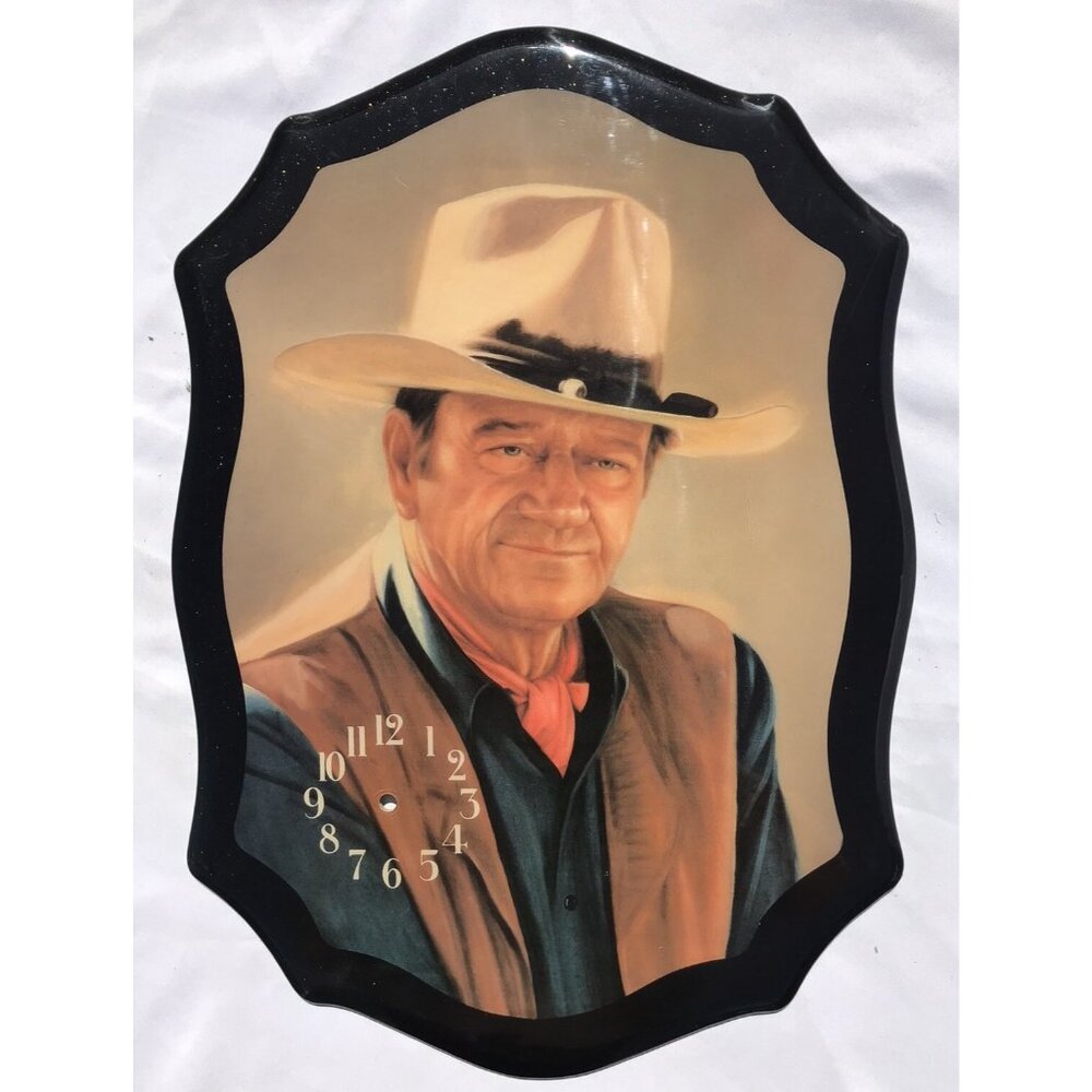 Vtg 70s John Wayne Collectible Wood Glitter Lacquered Clock MCM Western 22” 16”